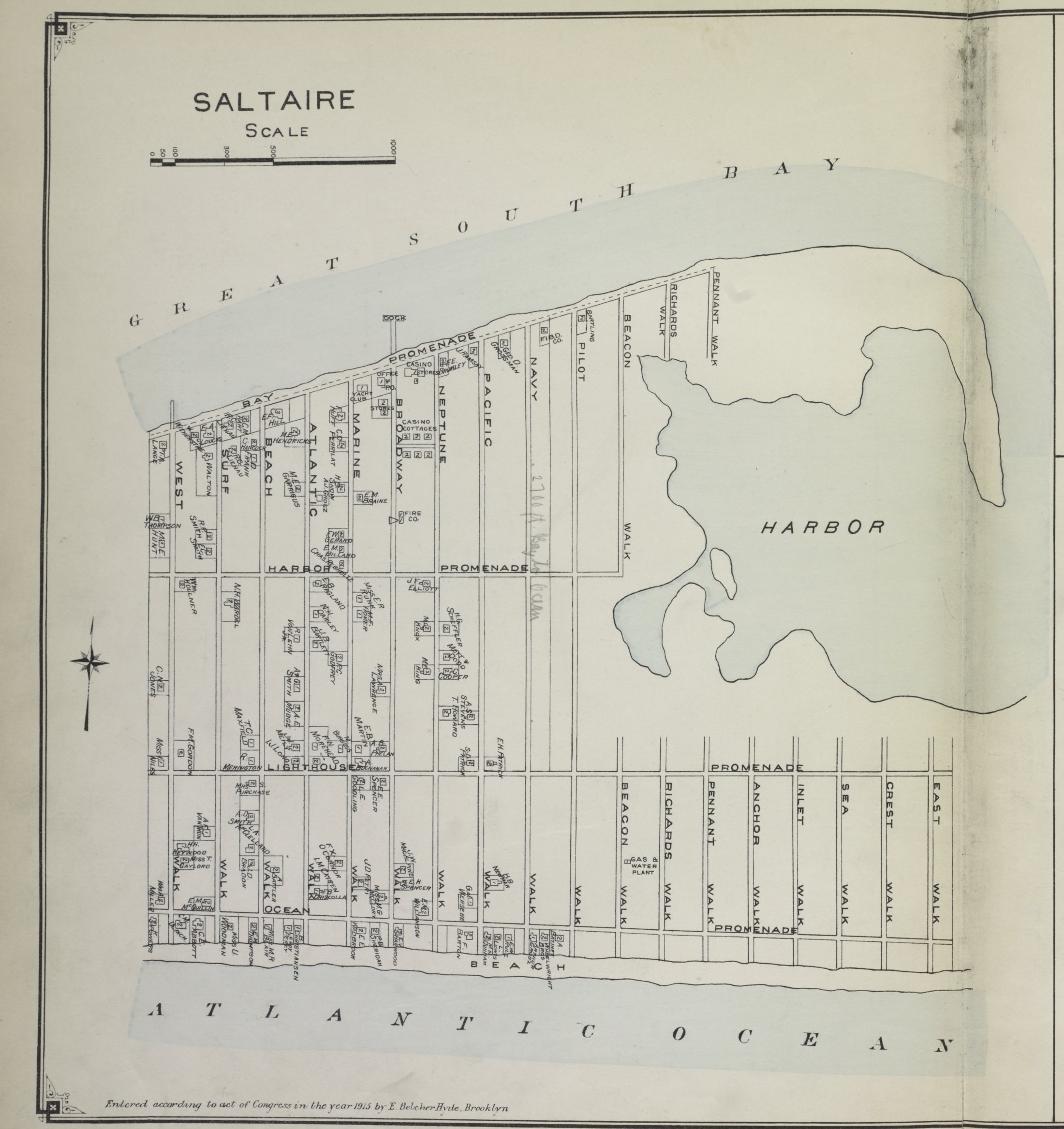 Saltaire on a 1915 atlas plate: the walks laid out between the Great South Bay, the harbor and the Atlantic Ocean